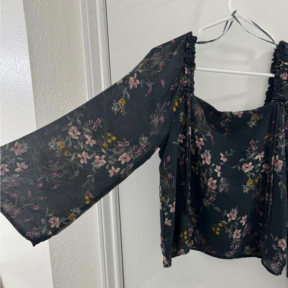 June & Hudson Green Floral Long Sleeve Flowy Square Neck Blouse- Size Small - Picture 5 of 8